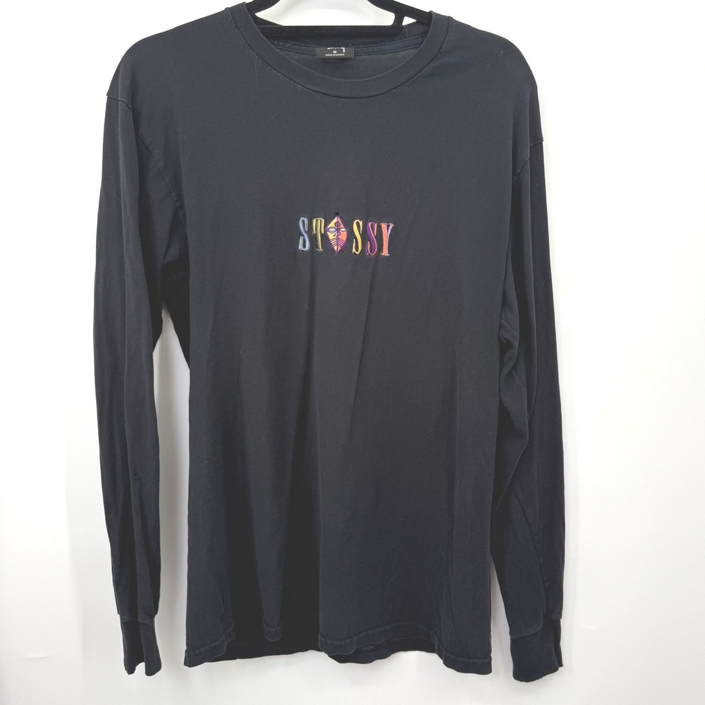 Stussy Long Sleeve Tee Men M Zulu Logo Streetwear Y2K Distressed Embroidered
